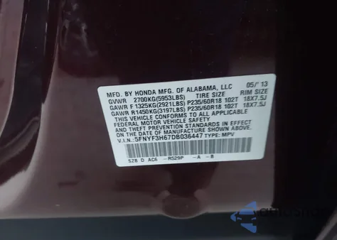 2013 Honda Pilot Ex-L из США, поврежденный, VIN 5FNYF3H67DB036447